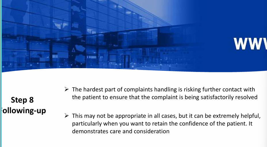 <ul><li><p>Follow up</p></li><li><p>retain confidence of the patient - it can demonstrate care and consideration&nbsp;</p></li></ul><p>some don’t want to come back&nbsp;&nbsp;</p><p>Offer another appointment, come back early so its before work for the pt/ money back/not see you again/ work into your lunch</p>