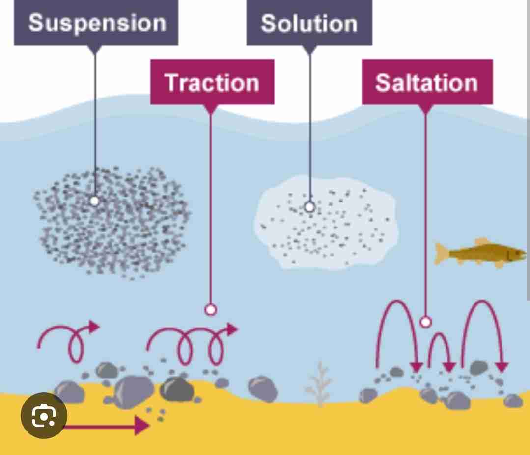 <ul><li><p>Traction</p></li><li><p>Saltation </p></li><li><p>Suspension </p></li><li><p>Solution</p></li></ul>