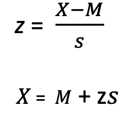 <p>X= score from dataset</p><p><em>M </em>= sample mean </p><p>S = sample SD</p>