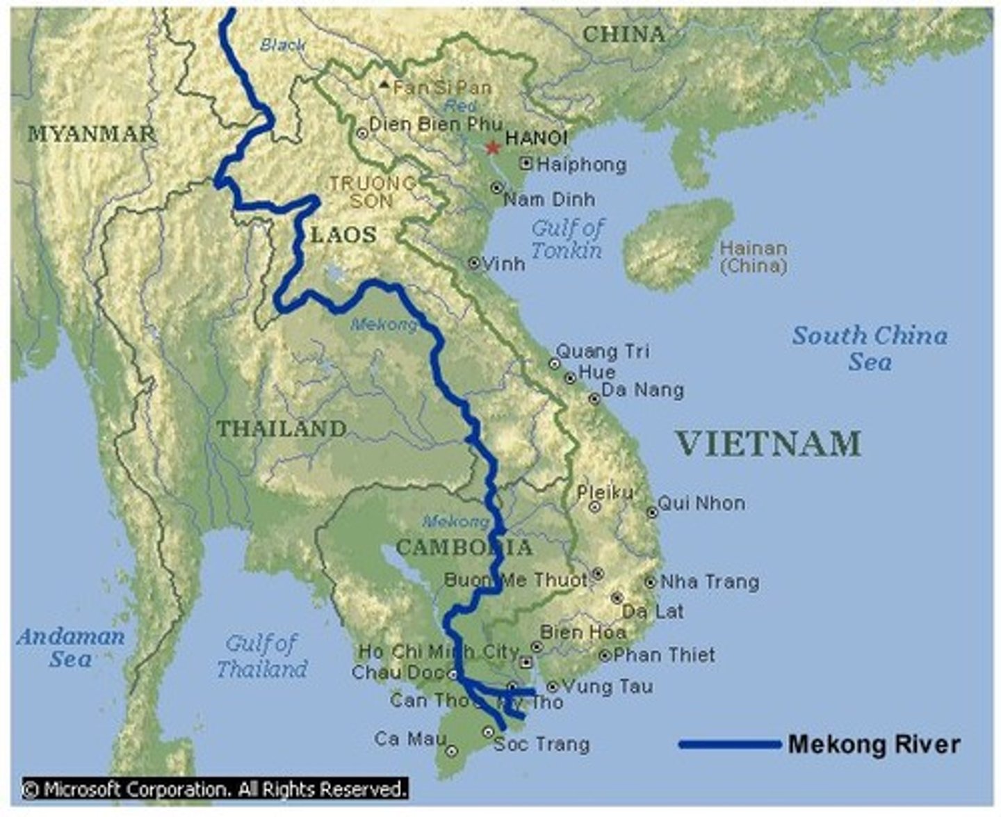 <p>Flows through China, Burma, Thailand, Laos, Cambodia, and Vietnam. Rice is grown in its river basin</p>