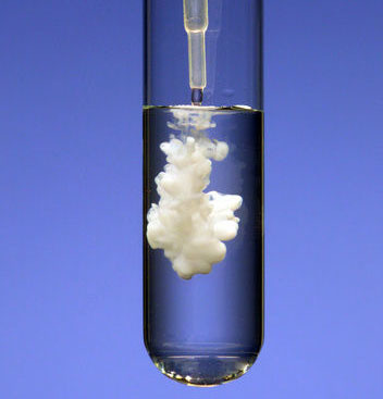 A solid that forms from a solution during a chemical reaction.