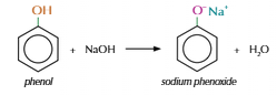 <ul><li><p>Phenol weakly acidic</p></li><li><p>Reacts with base to make salt and water</p></li></ul><p></p>