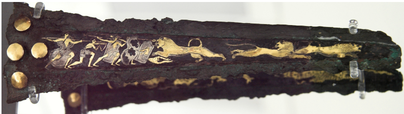 <p><span style="background-color: transparent; font-family: "EB Garamond", serif;"><span> evokes earlier Meopotamian rulers, it is found in the early graves depicting Mycenaean warriors with shields/ organized warriors. Hunting is something that marks them as heroic when not fighting in a battle.</span></span></p>