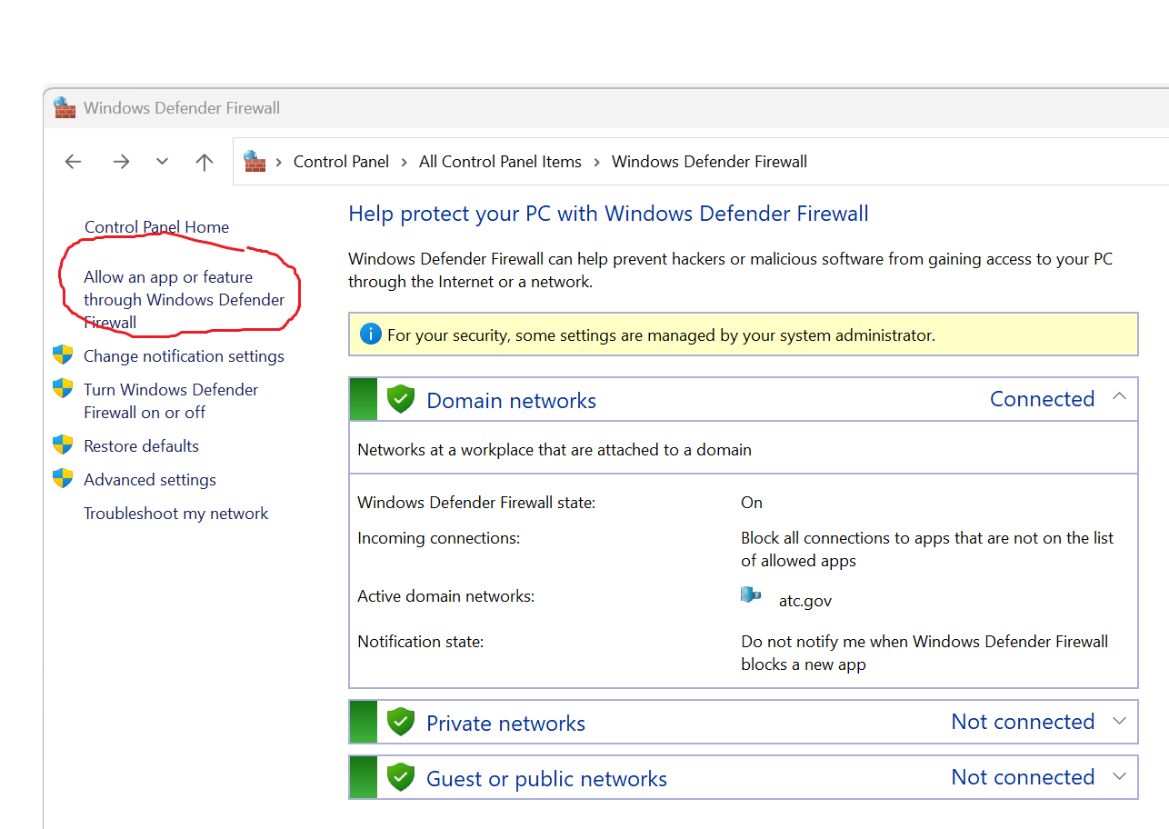 <p>Go to Firewall settings &gt; Allow an app or feature through Windows Defender Firewall &gt; Choose app.</p>