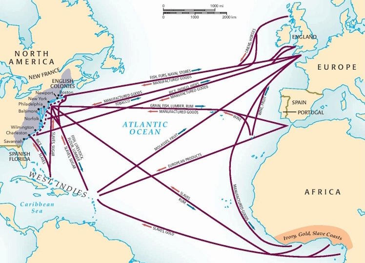 <p>fewer slaves as lack of plantation-based economies dominated by a single crop like in Massachusetts where slaves worked farms varied-crops and also domestics and tradesmen → economy in North closely linked to slavery through trade = so-called triangular trade </p>
