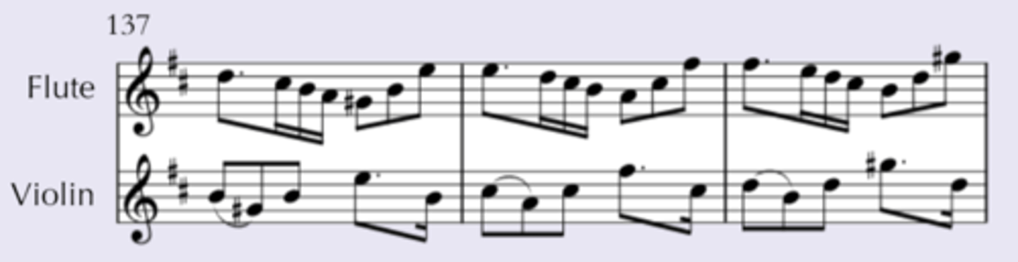 <p>bar 137<br>instruments: flute &amp; ripieno violin<br>pattern is repeated in each bar, moving up a tone each time</p>