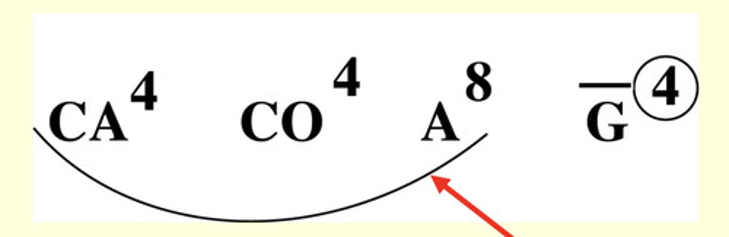 <p>- CAlyx (sepals)</p><p>- COrolla (petals)</p><p>- Androecium (stamens, male)</p><p>* if line under above 3 = hypanthium</p><p>- Gynoecium (carpels, female)</p><p>* if # is circled = carpels fused</p><p>* if line above G = ovary inferior</p><p>* if line under G = ovary superior</p>