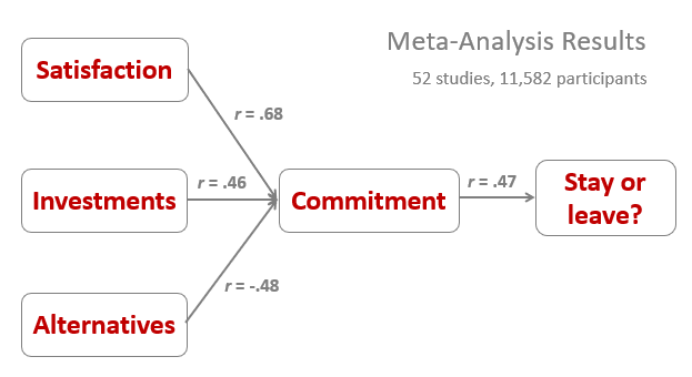 <ul><li><p>across 52 studies, satisfaction was the strongest predictor of commitment but the investments and alternatives were also strong predictors</p></li><li><p>commitment was then also a moderately good predictor of whether people stayed in their relationships</p></li></ul><p></p>