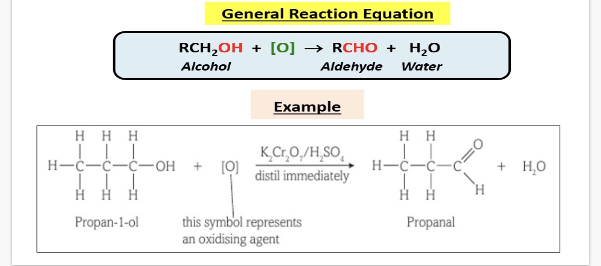 <p>Partial oxidation of primary alcohols to aldehydes:</p><p>Primary alcohols can be partially oxidised by …1? Into aldehydes</p><p>2.What is the general reaction? [O] represents oxidation</p><ol start="3"><li><p>How do we prevent complete oxidation into a carboxylic acid?</p></li></ol><p>4.Using the image, explain briefly the practical steps?</p>