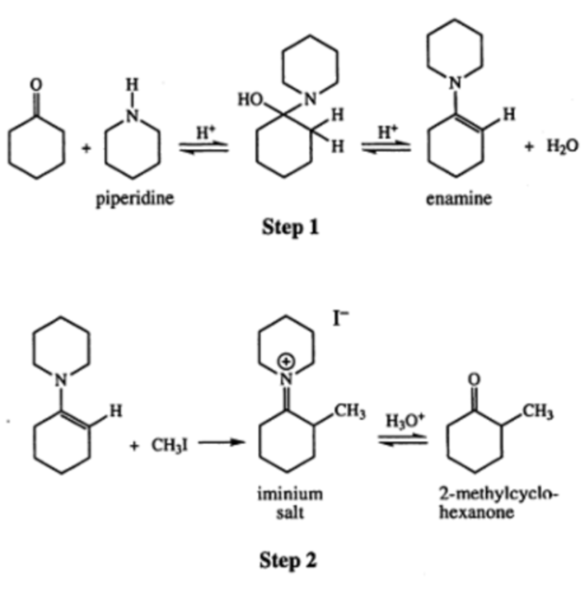 <p>If the students had used propylamine in Experiment 2 in place of piperidine, what functional group would they synthesize in Step 1?</p><p>A. Enamine</p><p>B. Amide</p><p>C. Imine</p><p>D. Lactam</p>