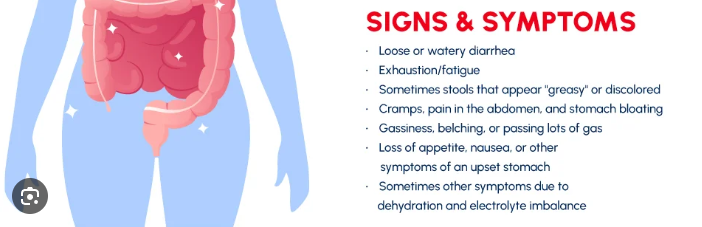 <p>Diarrhea, abdominal cramps, gas, malabsorption, vitamin deficiencies.</p>