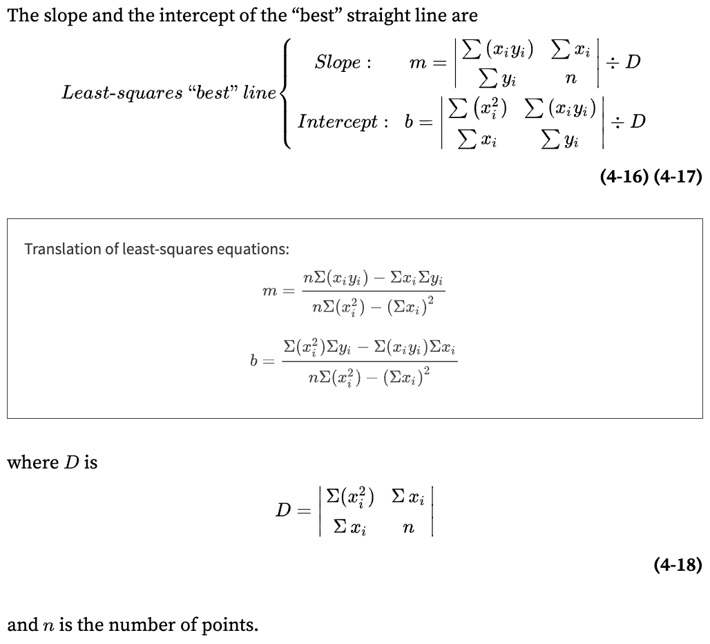 least squares best-fit line follows equation y = mx + b, m is slope, b is y-intercept

\
(follow image for how to calculate m and b) 