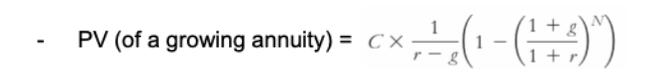 <p><span>The first payment of the annuity occurs at period 1, however growth begins at period 2. r &lt; g</span></p>