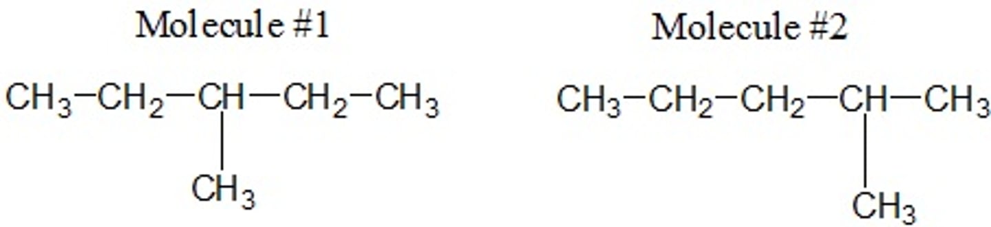 <p>Which of the following best describes how these two molecules are related to each other? Choose the best answer.</p><p>A) Structural (constitutional) Isomers</p><p>B) Geometric Isomers</p><p>C) None of these options</p><p>D) Conformers</p>