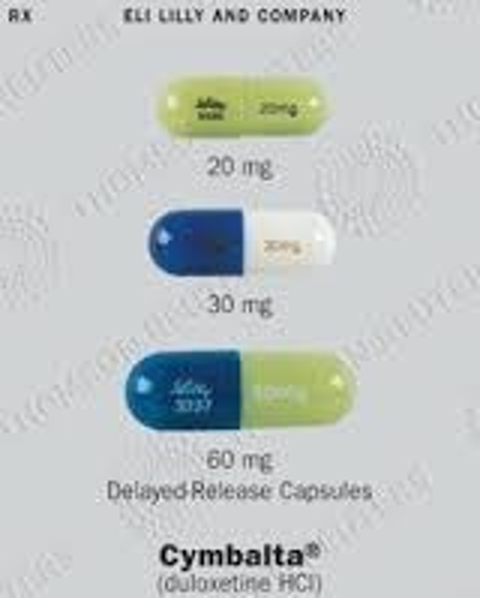 <p><strong>Brand: </strong>Cymbalta</p><p><strong>Class:</strong> SNRI</p><p><strong>Interaction: </strong><span class="bgP">Serotonin Syndrome with MAOIs</span></p><p><strong>Indication: </strong>Antidepressant</p><p><strong>Schedule:</strong> NCLM</p>