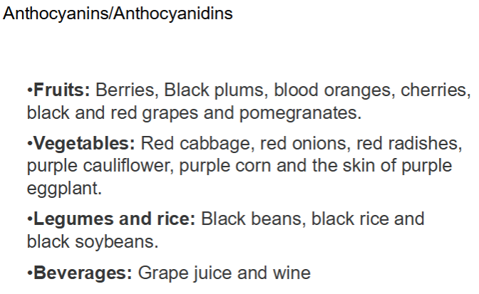 <ol><li><p><strong>Anthocyanins (ACN) </strong>been consistently shown to <em>INCREASE</em> endothelial-derived ___________ → vascular smooth muscle relaxation via cGMP, -BP</p></li><li><p>ACN shown to<em> prevent</em> ^ __________ and radical-induced conversion</p></li><li><p>ACN shown to <em>reduce</em> synthesis of __________ molecules such as Ang II, endothelian-1, thromboxanes</p></li><li><p>Name the 3 food with highest ACN content</p></li></ol><p><em>Red-purple-blue-wine color → present in certain fruits, vegetables, legumes + rice, beverages</em></p>