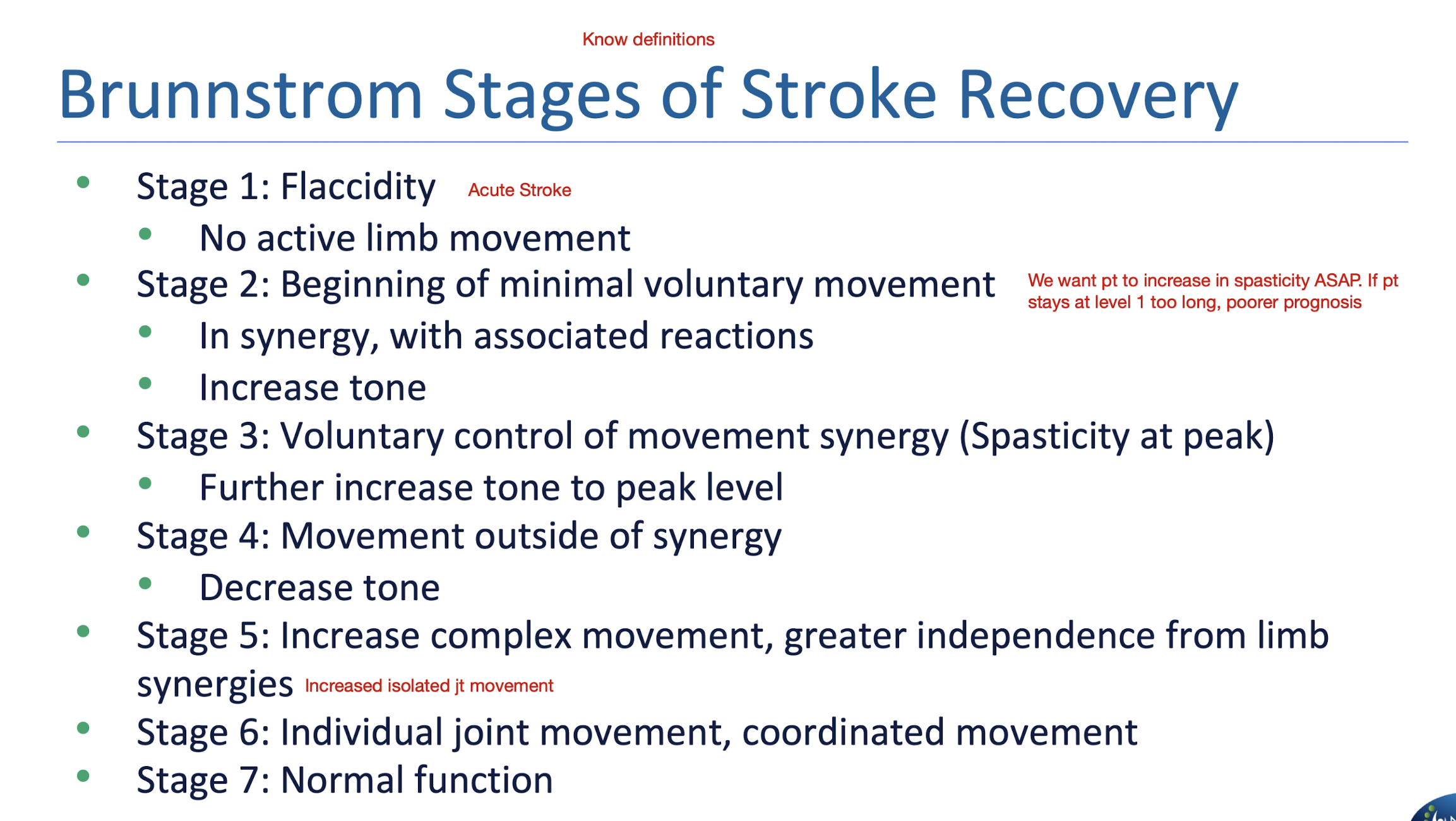 <p>Brunnstrom Stages of Stroke Recovery </p><p></p><p></p><p>Flip for bell curve » Motor Function</p>