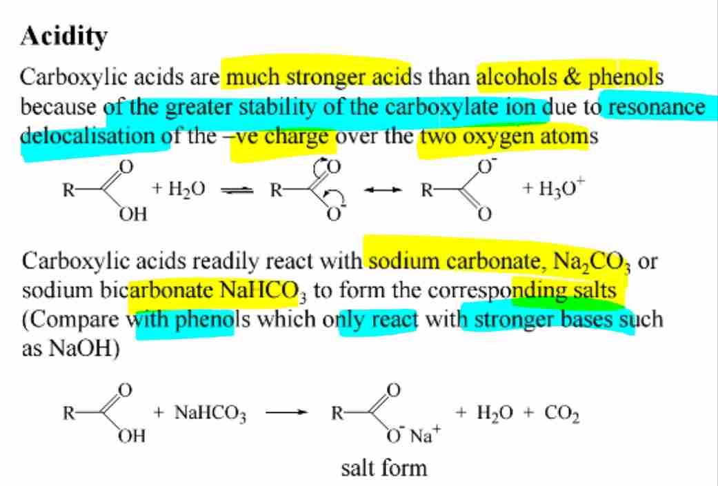 <p><span>Stronger acids than alcohols and phenols due to resonance-stabilized carboxylate ions.</span></p>