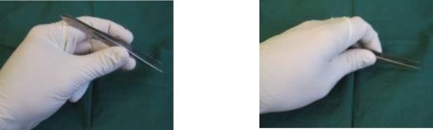 <p>Which image shows the correct way to hold thumb forceps?</p>