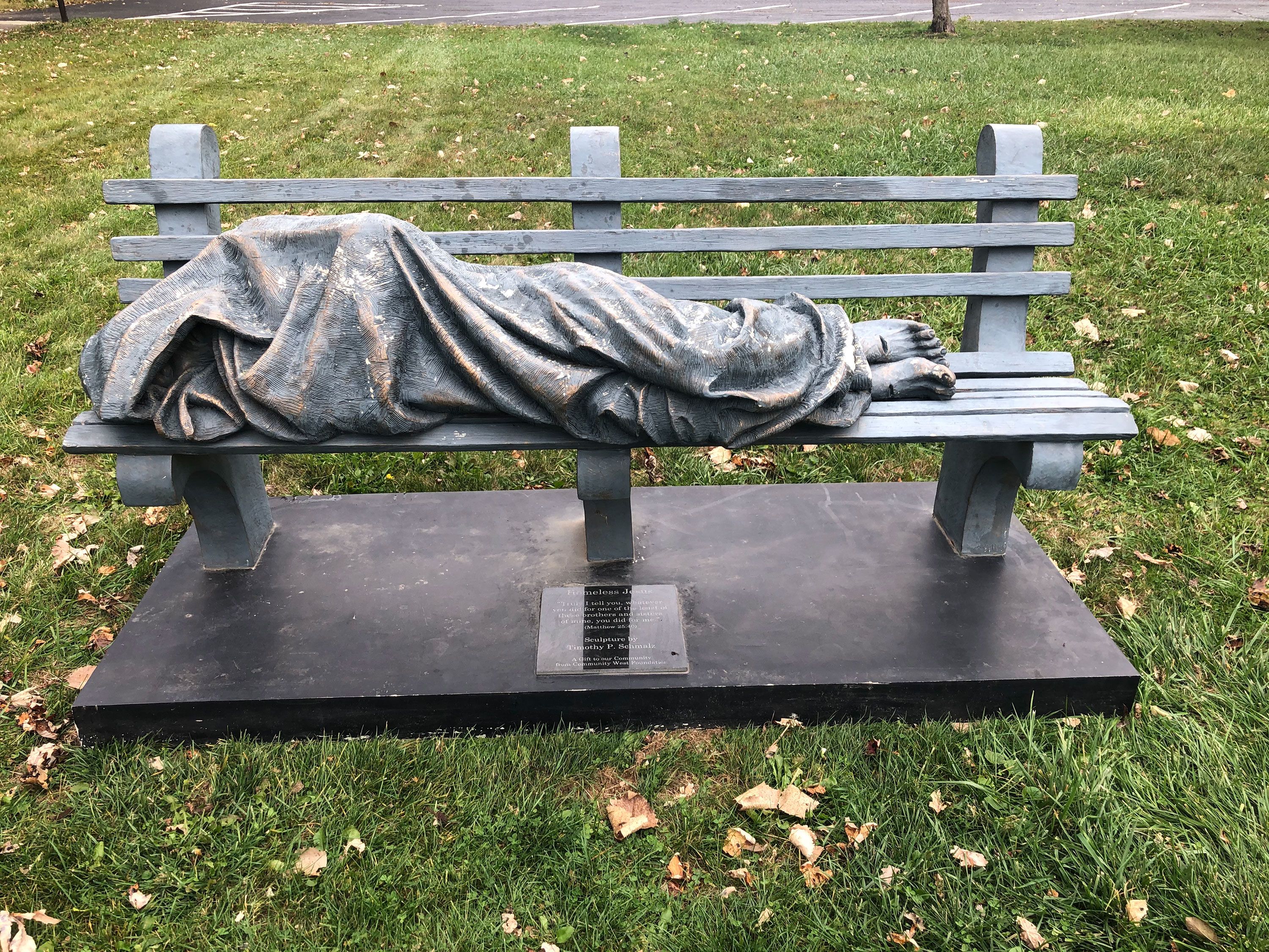 <ul><li><p><span style="font-family: &quot;Times New Roman&quot;, serif">Spiritual</span></p></li><li><p><span style="font-family: &quot;Times New Roman&quot;, serif">Homeless Jesus&nbsp;</span></p></li><li><p><span style="font-family: &quot;Times New Roman&quot;, serif">Empathy for the marginalized&nbsp;</span></p></li><li><p><span style="font-family: &quot;Times New Roman&quot;, serif">Face of Jesus is covered for two reasons – we all have a different image of Jesus and that this is everyone&nbsp;</span></p></li><li><p><span style="font-family: &quot;Times New Roman&quot;, serif">Art Style - Hyperrealism/Sculpture</span></p></li></ul><p></p>