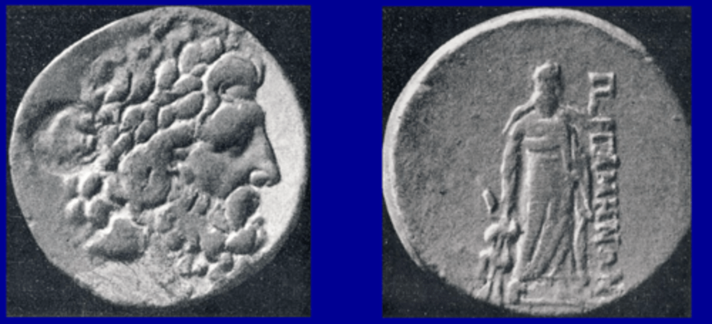 <p>god of medicine. Bronze Pergamon coin depicts the god in profile on one side, full body (statue) of the god on other. Statue attributed to Phryomachos. ca. 190-150 BCE.</p>