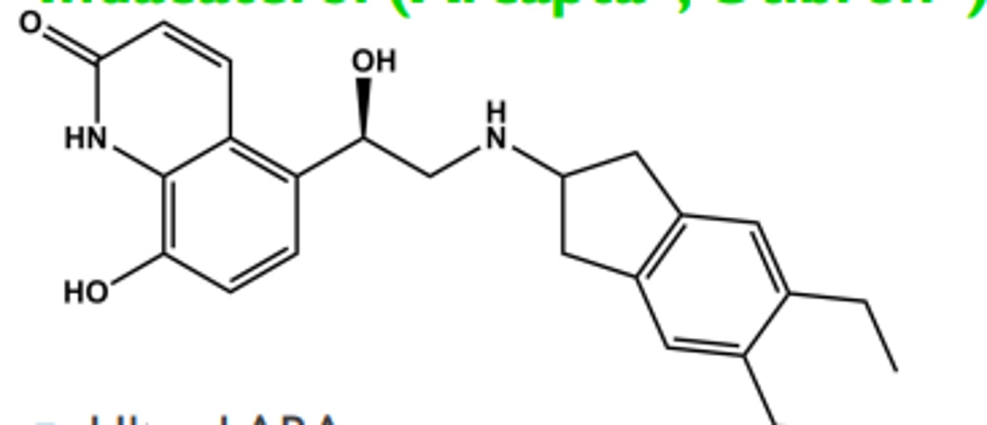 <p>-Ultra-LABA</p><p>-LogP = 3.9; pKa = 6.7</p><p>- T1/2 ca. 40 hrs; once/day dosing</p><p>- One chiral center R-isomer has all activity</p><p>- Used once daily for COPD</p>