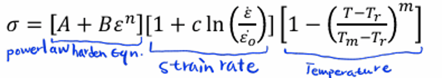<p>𝐴,𝐵,𝑛,𝑐,𝑚: constants fitted to material behavior</p><p>𝜀: reference strain rate 𝑇𝑟: reference temperature</p><p>𝑇𝑚: melting temperature</p>