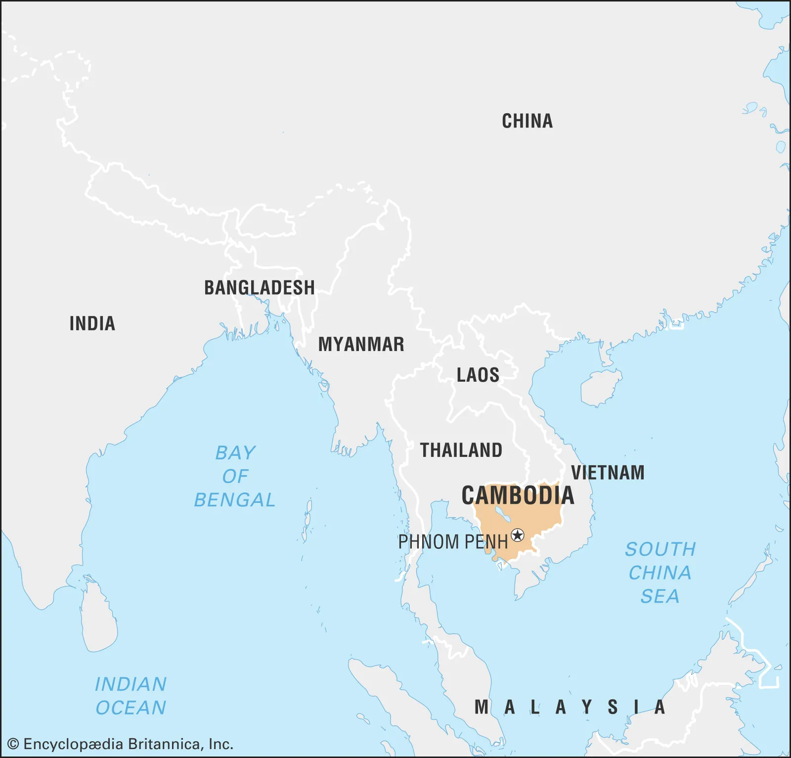 <p>Southern tip of continental Asia, surrounded by Vietnam, Thailand, South China Sea</p>