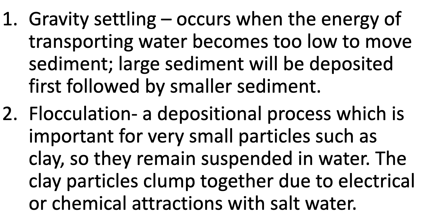 <ul><li><p>Waves lose energy, dropping all the sediment and particles it was transporting. </p></li></ul><p>-may take place in sheltered areas where there is reduced energy, <span style="color: red">e.g. a cove</span></p>
