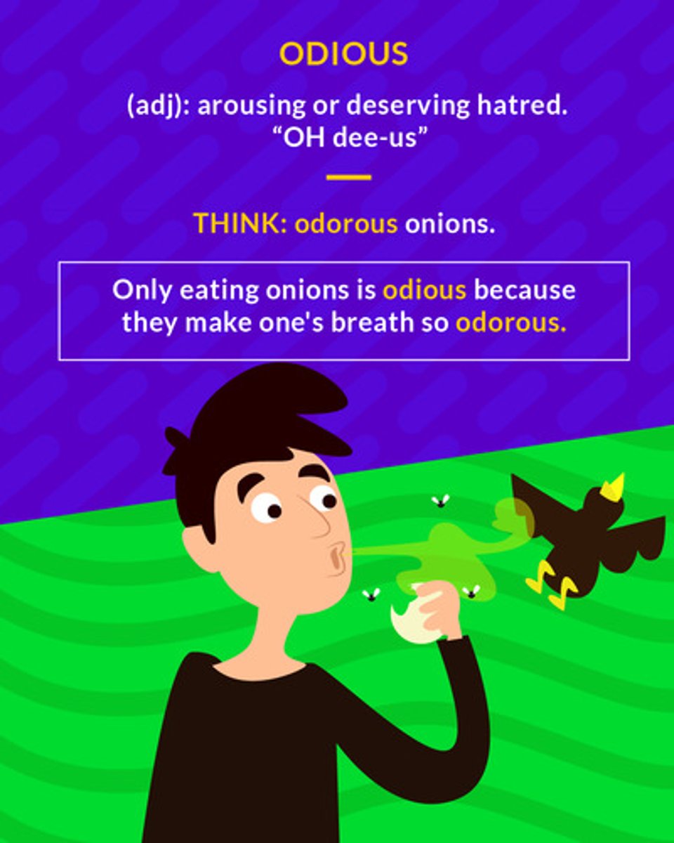 <p>(adj.) deserving hate or contempt</p><p>(adj.) deserving hate</p>