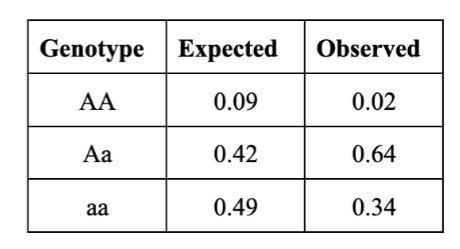 <p><span>The table below shows the observed genotype frequencies in a population along with the expected genotype frequencies under Hardy-Weinberg equilibrium.</span><br><span>Which of the following can you conclude from this data?</span><br><span>a. The population follows all Hardy-Weinberg assumptions</span><br><span>b. Inbreeding is likely occurring</span><br><span>c. There is probably selection in favor of the heterozygote</span><br><span>d. Drift is likely high in this population</span></p>