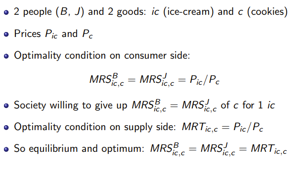 <p>Essentially MRS=price ratio for consumers and MRT=price ratio for firms and then MRS=MRT</p>