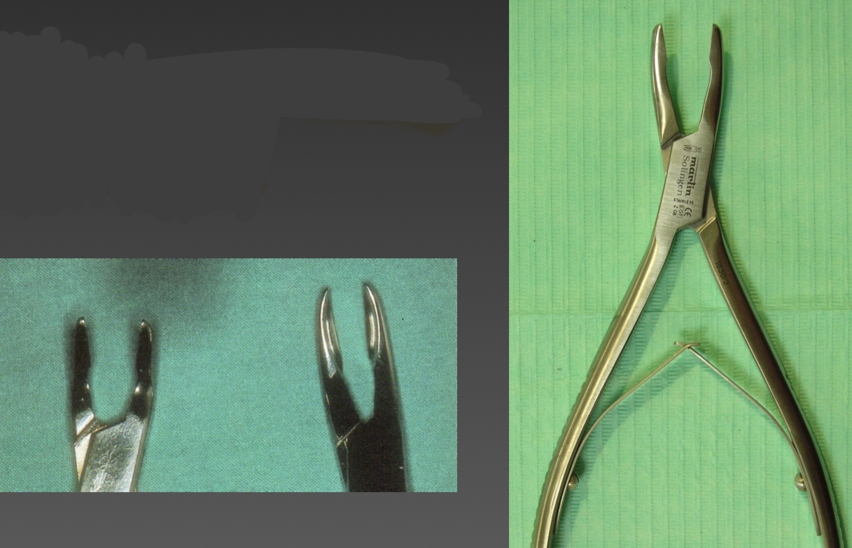 <p>Rongeur forceps (bone nibblers)</p><p><strong>Remove bony tips</strong> from sharp alveolar edges- for hard tissues </p><p>Sharp concave ends</p>