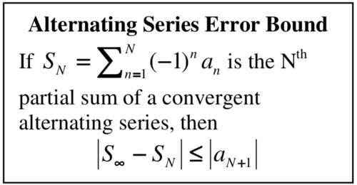 <p>This approximates the sum of the alternating series that converges.  Practice how to approximate the interval of the sum. </p>