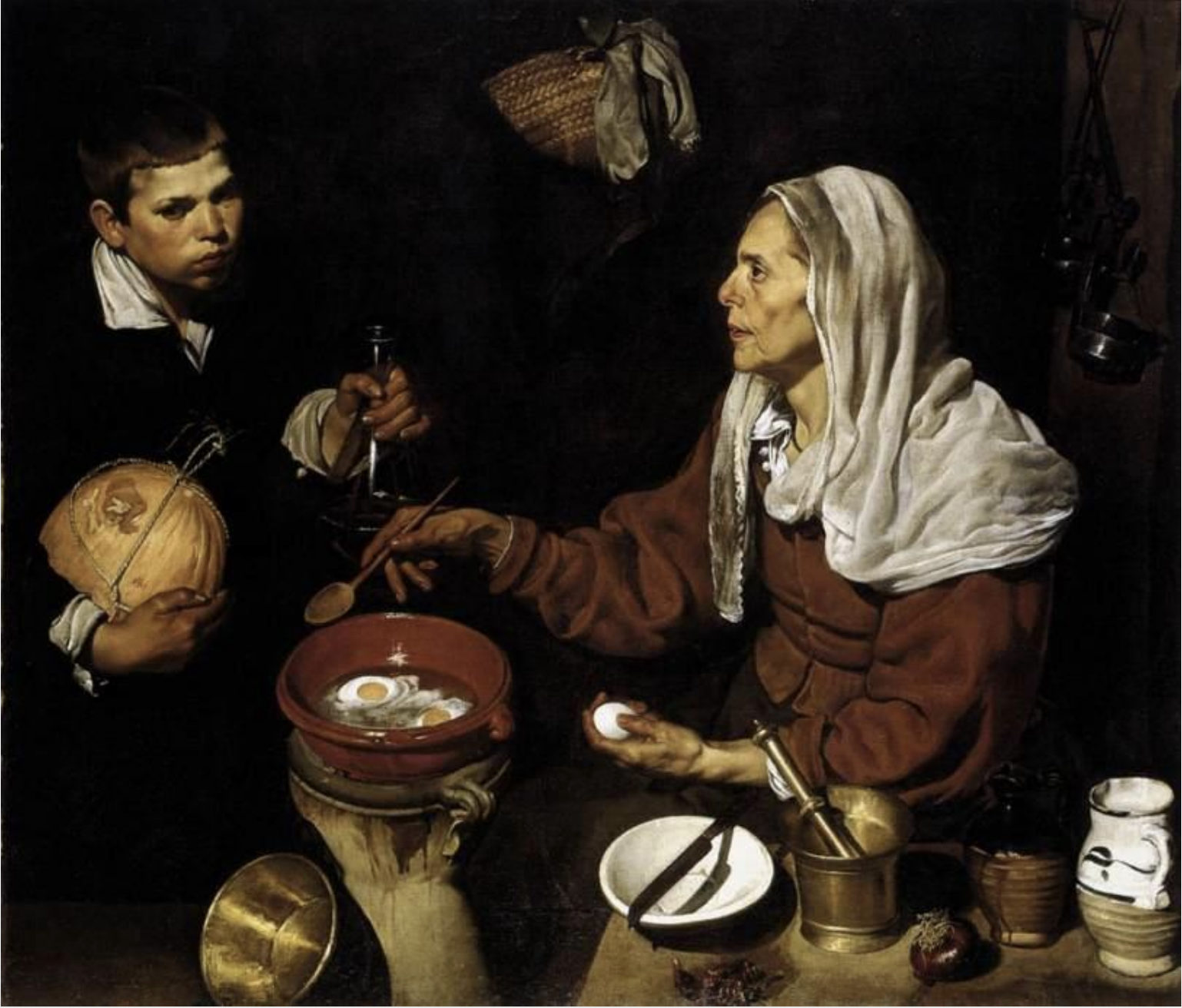 <ul><li><p><span><strong>Style</strong>: Baroque, Realism<br><br></span></p></li><li><p><span><strong>Key Features</strong>:<br><br></span></p><ul><li><p><span>A still-life subject: an old woman frying eggs, depicted with remarkable realism.<br><br></span></p></li><li><p><span>Velázquez’s skill in capturing everyday life with incredible detail and light.<br><br></span></p></li></ul></li></ul><p><span><strong>Memorable Fact</strong>: Velázquez’s approach to everyday subjects elevated the mundane to high art.<br></span></p>