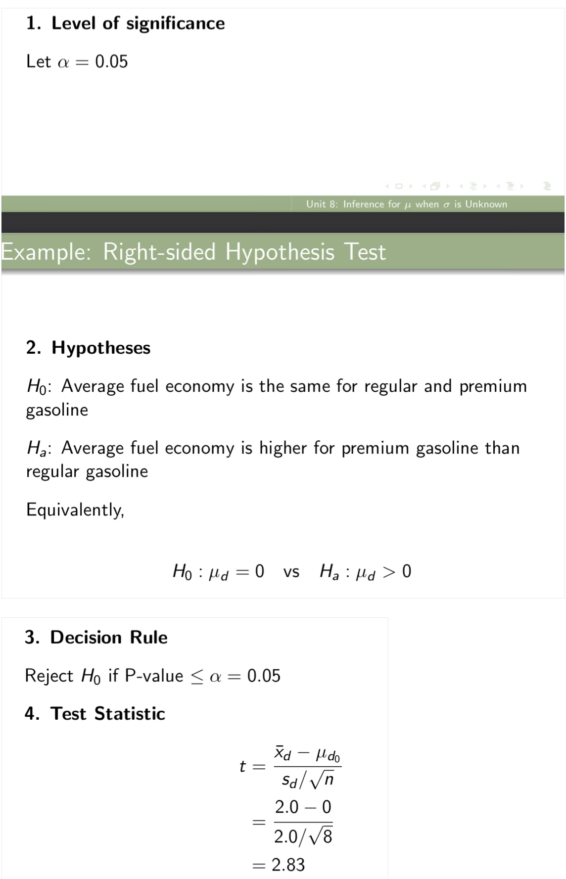<p><span> P-Value</span></p><p><span>The P-value is P(T (7) ≥ 2.83). We see from Table 2 that P(T (7) ≥ 2.517) = 0.02 and P(T(7) ≥ 2.998) = 0.01</span></p><ul><li><p><span>Since 2.517 < t = 2.83 < 2.998, the P-value is between 0.01 and 0.02.</span></p></li></ul><p><strong>P-interpretation</strong></p><ol start="6"><li><p><strong>Conclusion</strong></p></li></ol><p></p>