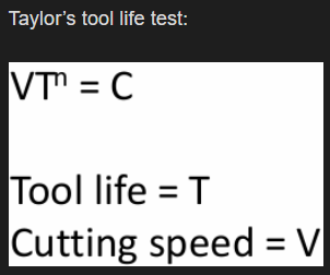 <p>Typical n values for HSS range from 0.1 to 0.2. Hence small variations in cutting speed would result in big changes in tool life. More practical to measure machinability as the cutting speed necessary to cause tool failure within a specified period. </p><p></p><p>Effect of C and pearlite content on cutting speed. Cutting speed for 60 min tool (cutting speed at which tool fails after an hour) life in steels containing different amounts of C and pearlite, 0.65 mm² cross sectional area; carbide tool. If carbon is increased, more difficult to machine as more carbides present. </p>