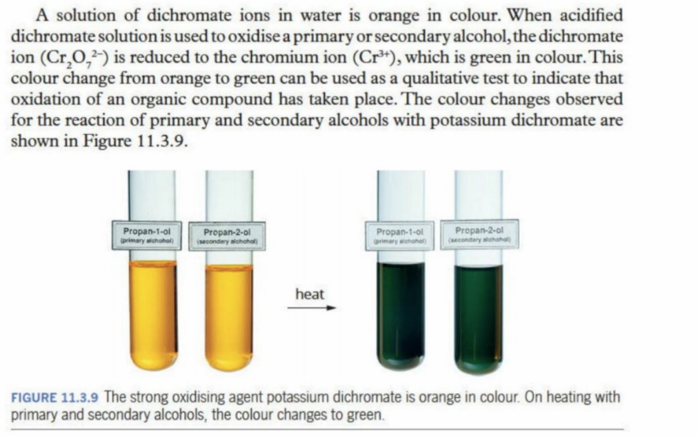 <p>Cr —→ reduced to Cr<sup>+3</sup> (its own charge - oxidation number)</p><p>If tertiary alcohol - no colour change is observed</p>