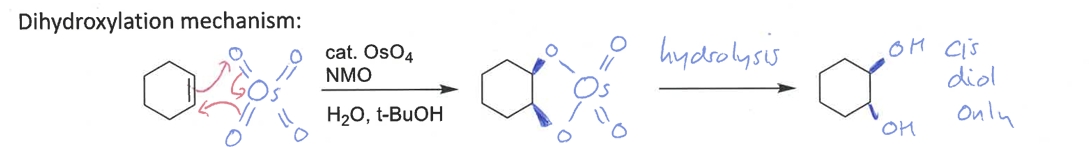 <p>diastereospecific - forms cis diol only</p>