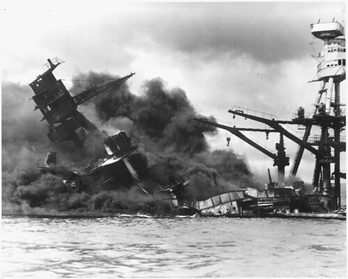 <p>7:50-10:00 AM, December 7, 1941 - Surprise attack by the Japanese on the main U.S. Pacific Fleet harbored in Pearl Harbor, Hawaii destroyed 18 U.S. ships and 200 aircraft. American losses were 3000, Japanese losses less than 100. In response, the U.S. declared war on Japan and Germany, entering World War II.</p>