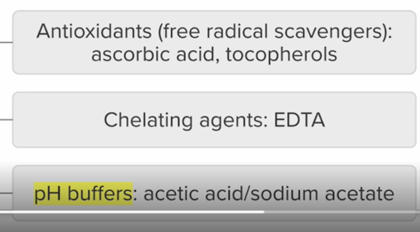 <p>transfer of electrons</p><p>drugs with oh on aromatic ring are at risk</p><p>protect from light, heat metal ions to extend exp date</p>