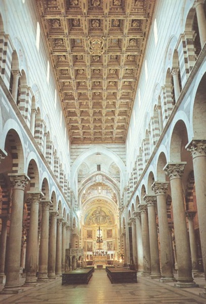 <p>-very dark</p><p>-columns derived from old Roman buildings</p><p>-wooden roof (unlike stone used in North)</p><p>-use of pointed arches (derived from Islamic style)</p><p>-coffering</p><p>-Romanesque Architecture</p>