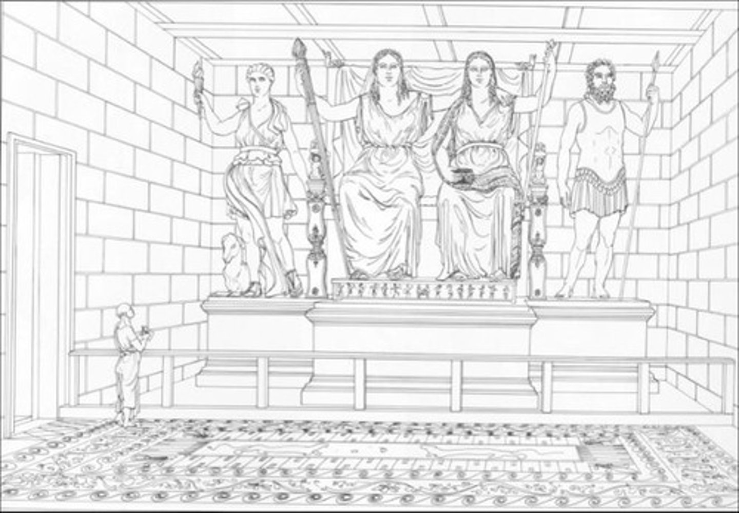 <p>1. colossal group at lykosoura</p><p>2. demter and despoina are sitting in the middle, demeter's hand on despoina's shoulder. artemis is on the left with a dog at her feet and a snake around her arm, anytos on the right</p>