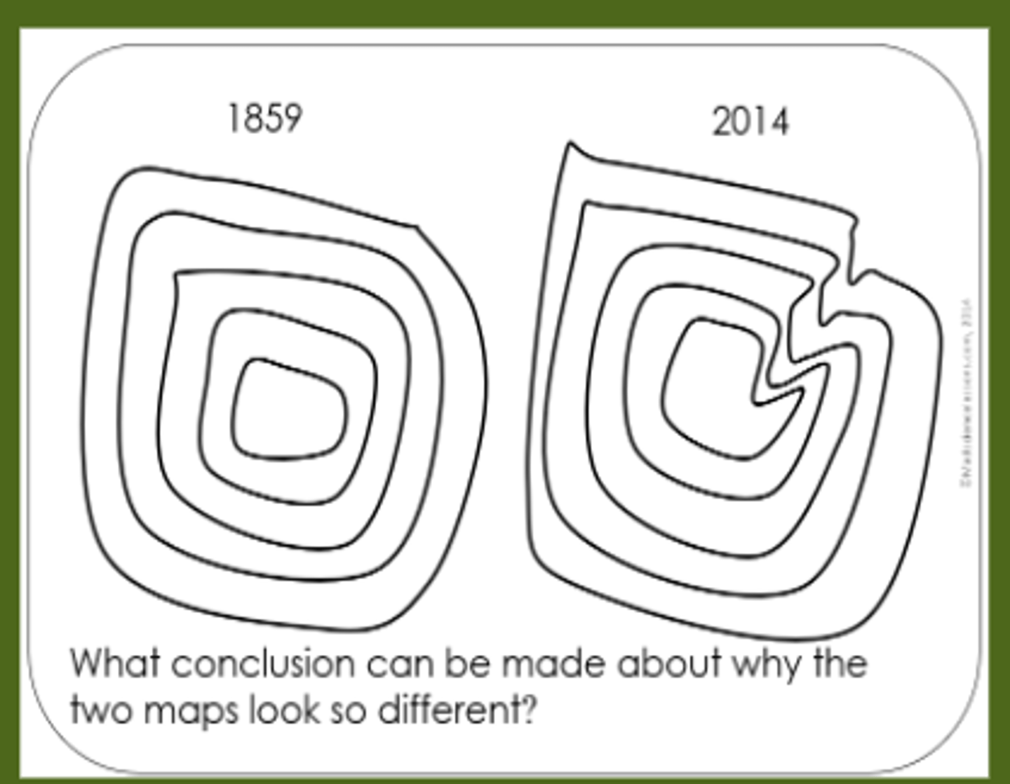 <p>Rings of consecutively smaller contours lines, rings inside rings</p>