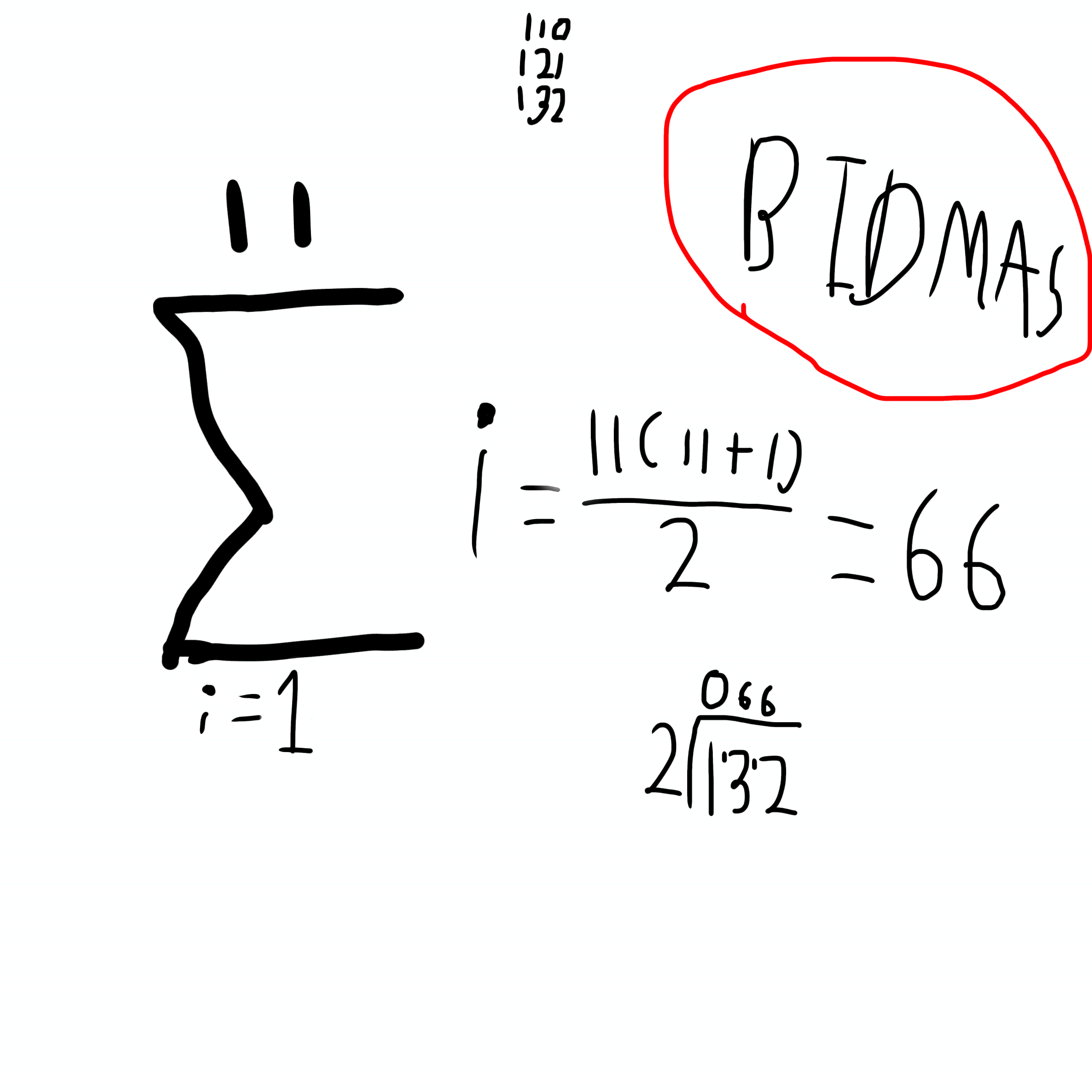 <p>to find the answer to a sigma notation, you can use the <mark data-color="purple" style="background-color: purple; color: inherit;">formula $$\frac{n\left(n+1\right)}{2}$$ </mark>, which basically means “<mark data-color="red" style="background-color: red; color: inherit;">multiply the top number of your notation by itself + 1 (so 11 × 12 for example) and divide by 2" </mark>so if n was 11, the answer would be 66</p>