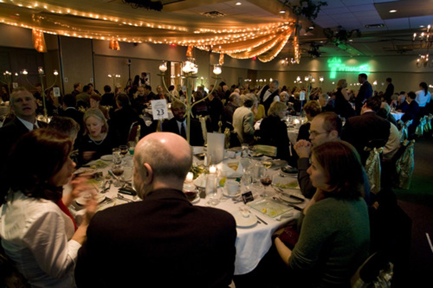 <p>characterized by festivity; a festive occasion, esp. a lavish social event</p>