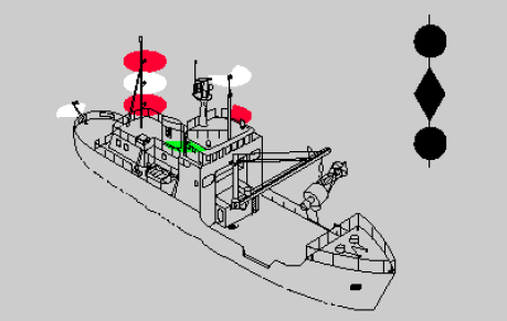 <p>Restricted due to the nature of work (e.g., dredging, replenishment, mine clearance).</p><p></p><p><span style="color: #f60b0b"><strong>RED</strong></span></p><p><strong>WHITE </strong></p><p><span style="color: #f10c0c"><strong>RED</strong></span></p><p></p><p><strong>If making way: Also show</strong></p><p>Masthead light(s)</p><p>Sidelights</p><p>Sternlight</p><p></p><p>If at anchor: must show lights for being at anchor with appropriate ship distance </p><p></p><p>BALL DIAMOND BALL </p>