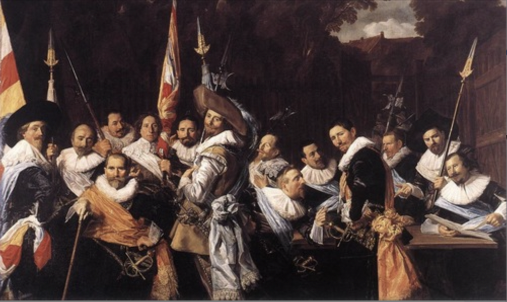 * Showing egalitarianism through portraiture while keeping individuality
  * Everyone is on the same physical level, no one is blocking each other, they all have similar outfits on
  * Outfits have slight differences (colors of sashes, hats/no hats), faces have clear differences so you can distinguish individual features from the group, body language is different among them, not all standing stiff but some sitting, standing, relaxing, etc.
* Addressing the viewer in a more calm way? Almost like we stumbled upon them and they’re asking us to join them (speaks to the fact that its a portrait of a volunteer cavalry during the 30 years war)