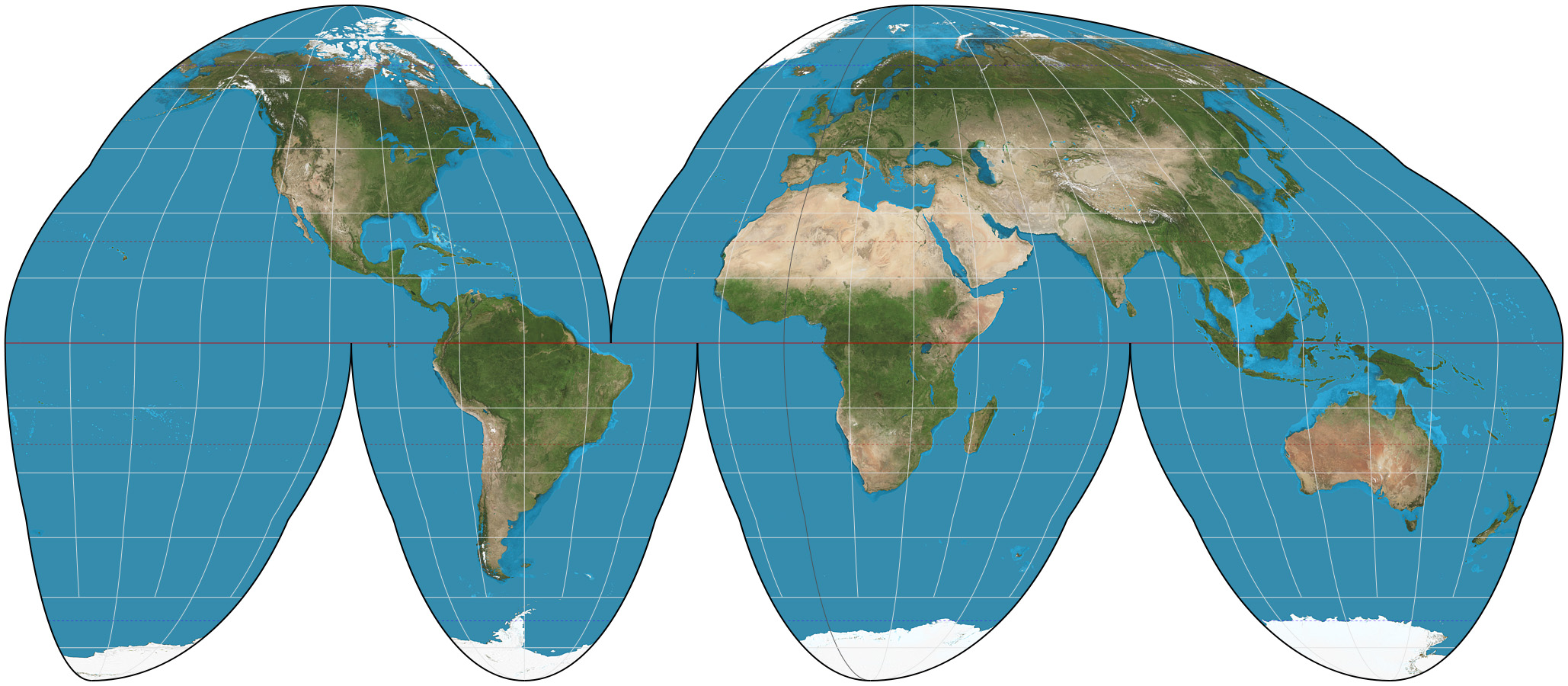 <ul><li><p>Interrupted map</p></li><li><p>True size and shape</p></li><li><p>Distortion with distance and distortion near the edges</p></li><li><p>Not useful for directions due to distortion</p></li></ul>