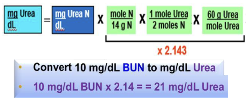 <p>plasma urea measurement reported as blood urea nitrogen (BUN), whoch is in units of urea N. urea = urea N x 2.143</p>